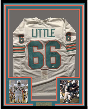 Framed Autographed/Signed Larry Little HOF 93  35x39 Miami Dolphins White Football Jersey JSA COA