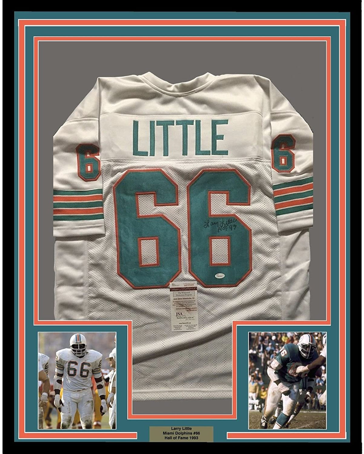 Framed Autographed/Signed Larry Little HOF 93  35x39 Miami Dolphins White Football Jersey JSA COA