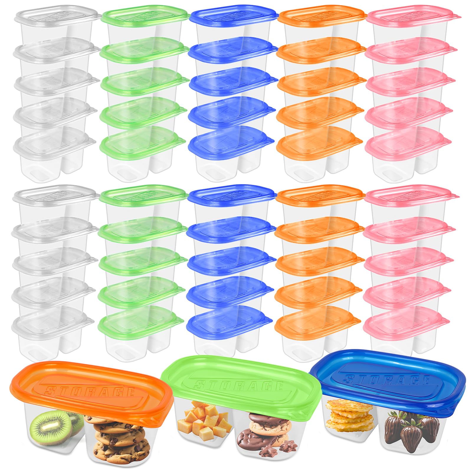ISUSSER 50Pc Reusable Snack Pack Containers Double Compartment Clear Plastic