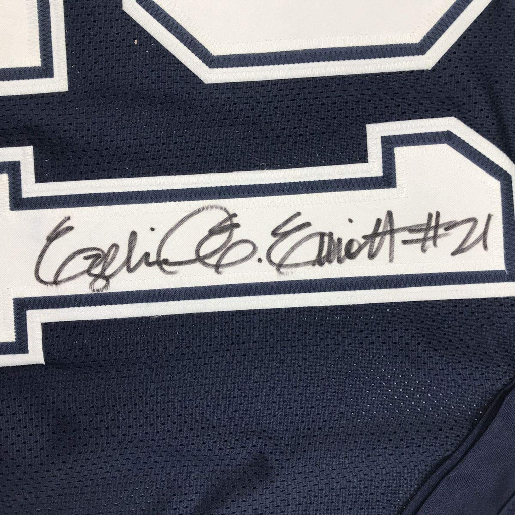Framed Autographed/Signed Ezekiel Elliott 35x39 Dallas Dark Blue Football Jersey PSA/DNA COA