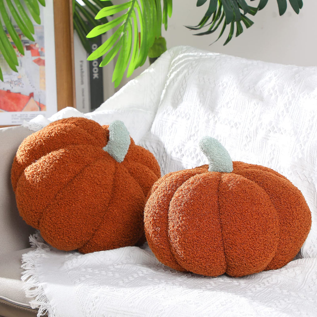 Queekay 2 Pc Pumpkin Plush Pillow 11x9.5in Brown Fall Thanksgiving Decor