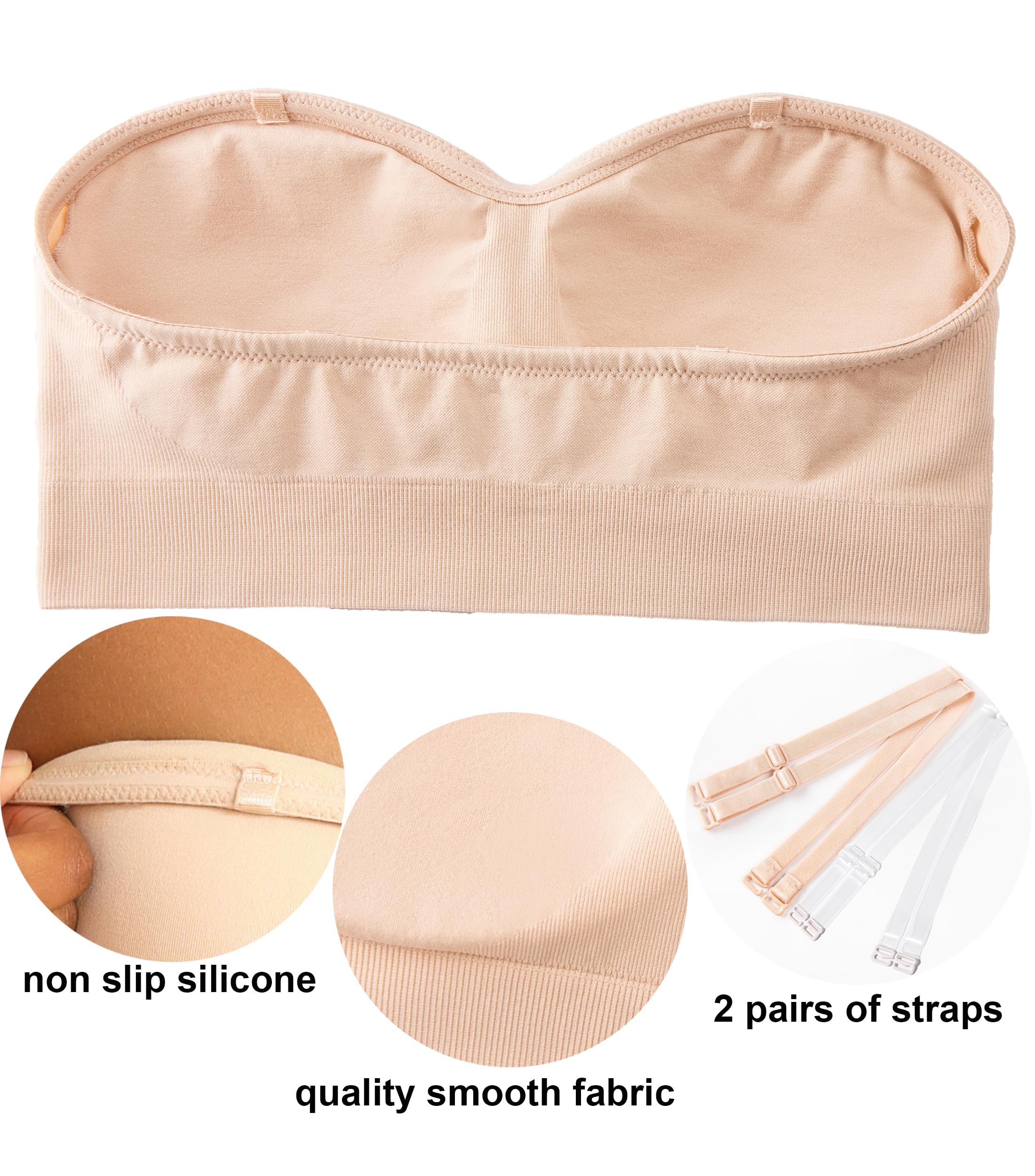 PRETTYWELL Strapless Padded Bandeau Bra Wireless Seamless Beige Size M