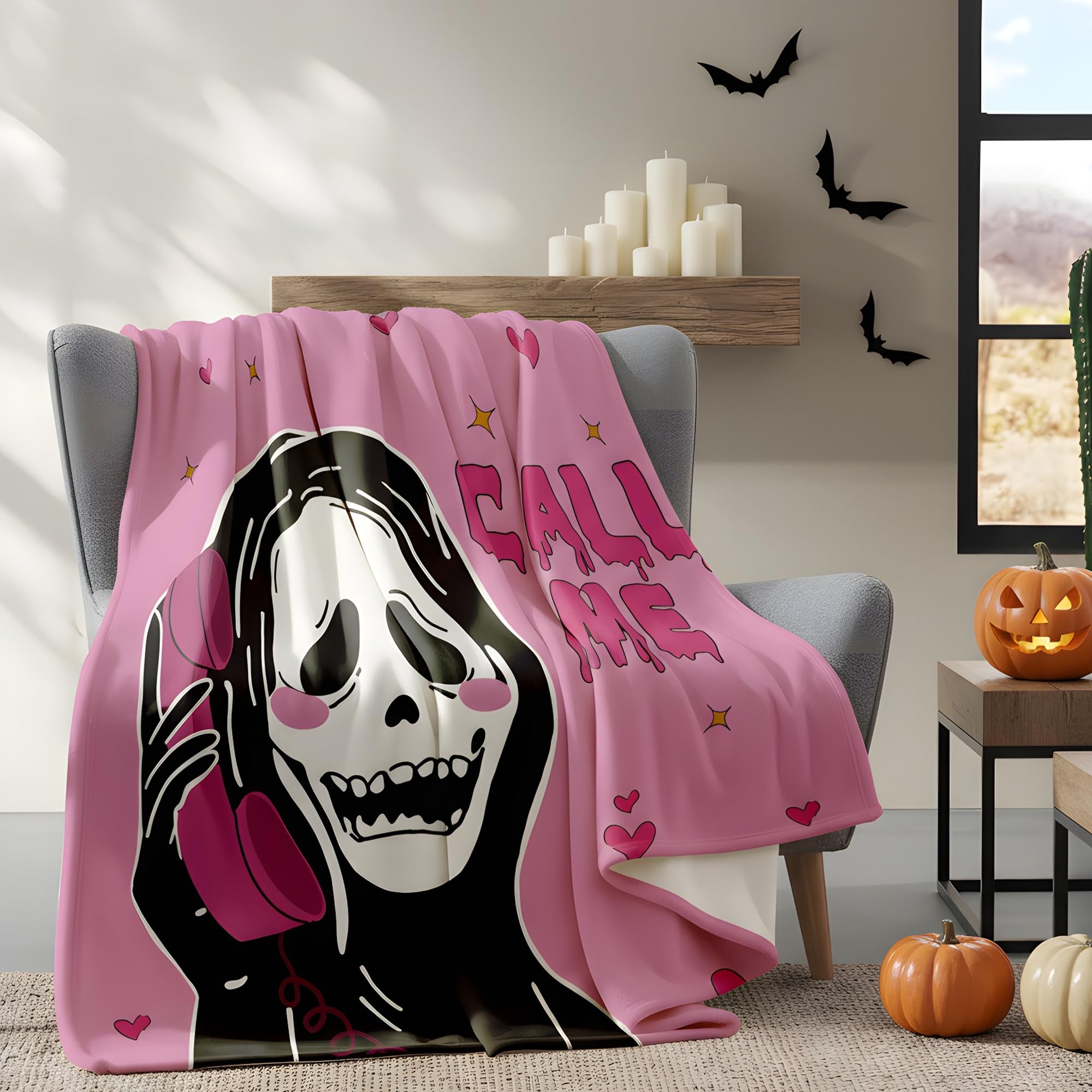 LOSIVISHE Halloween Flannel Throw Blanket Pink Ghost Pattern 50x70 in