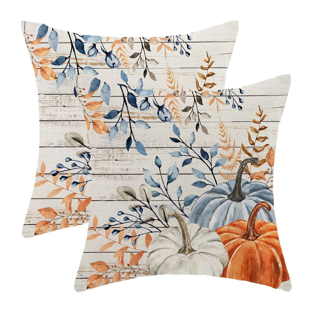Yxuiyal Fall Pillow Covers 18x18 Set of 2 Blue Orange Pumpkin Leaves