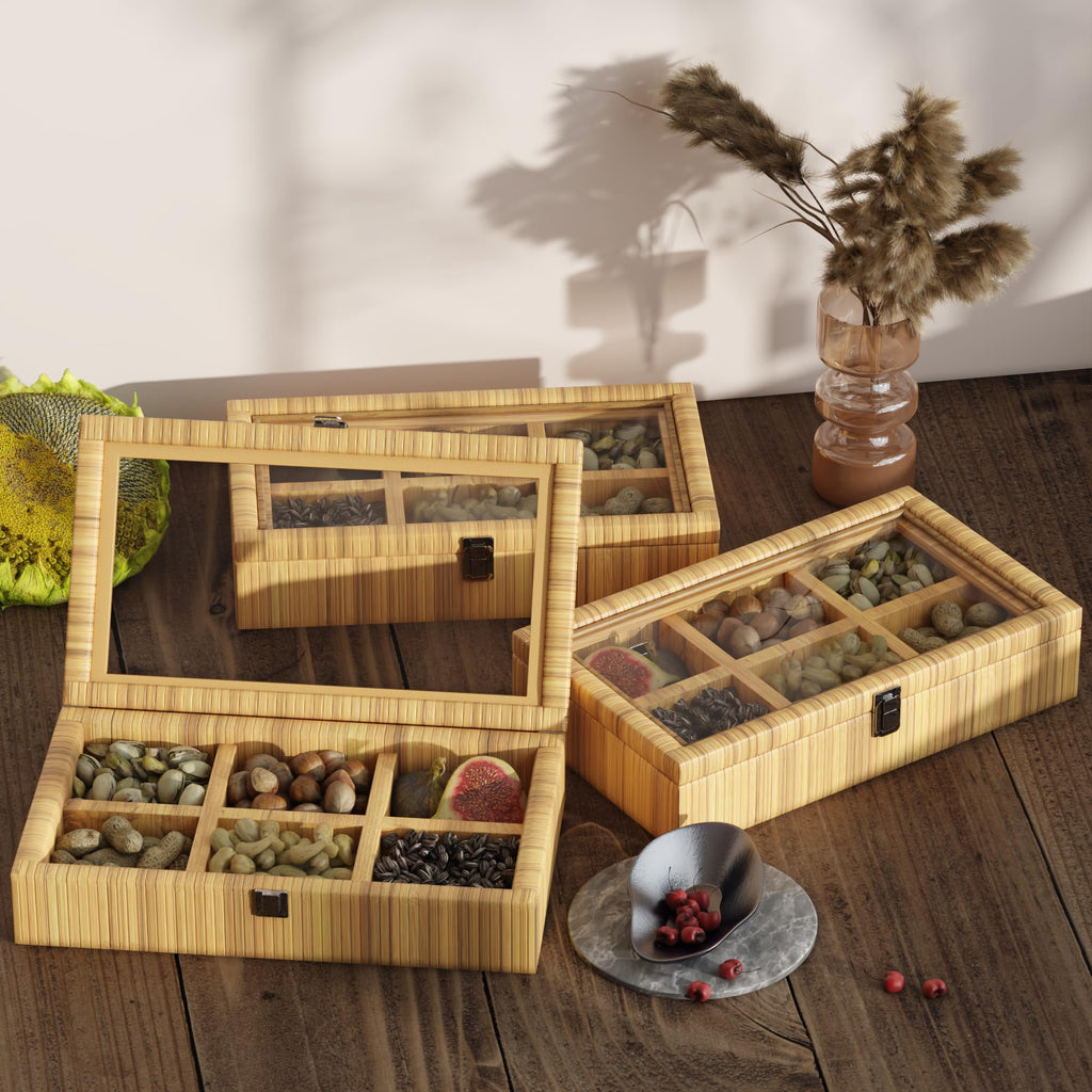Fllamo Rattan Storage Box with Lid 6 Compartments Brown 11.8x7.8x3in