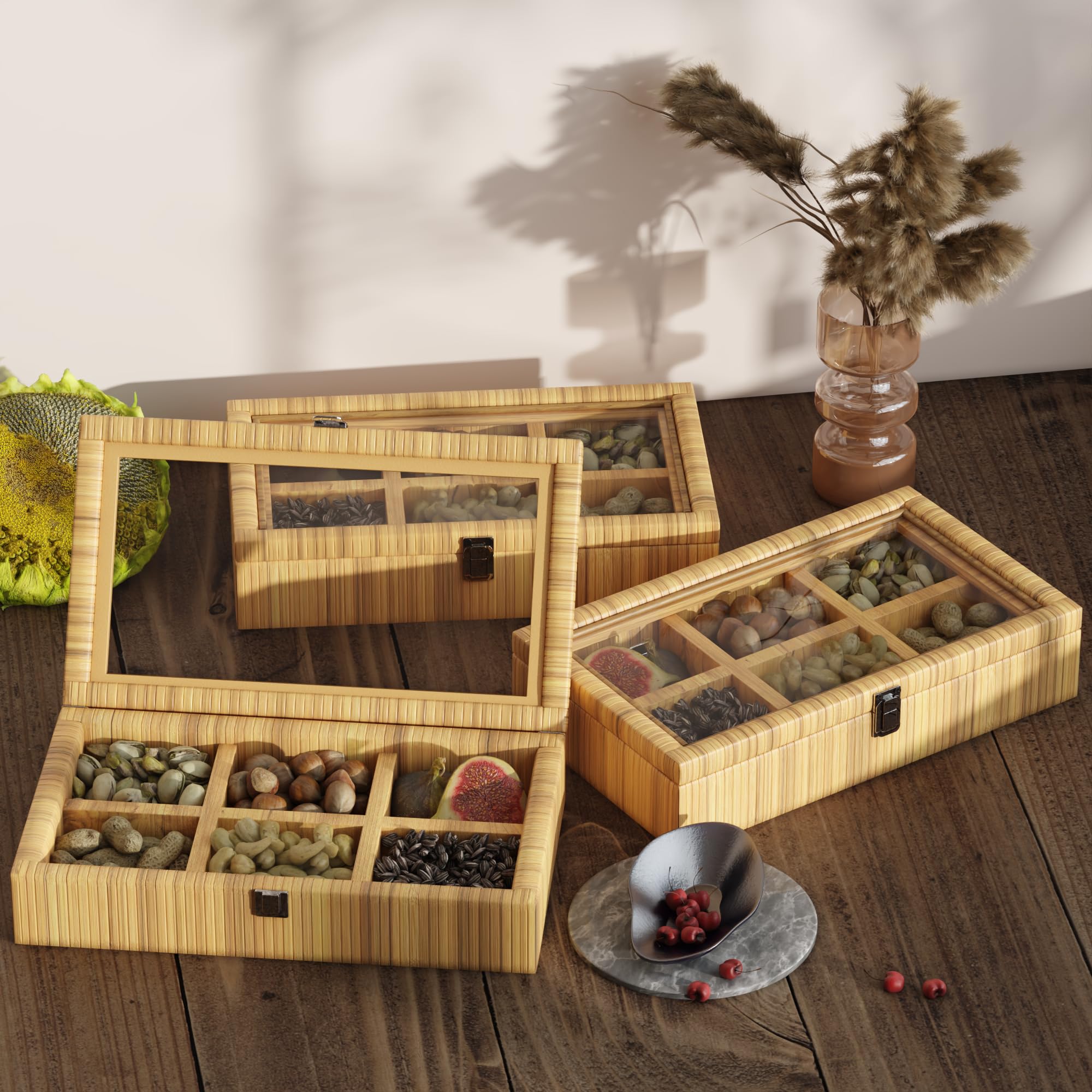 Fllamo Rattan Storage Box with Lid 6 Compartments Brown 11.8x7.8x3in