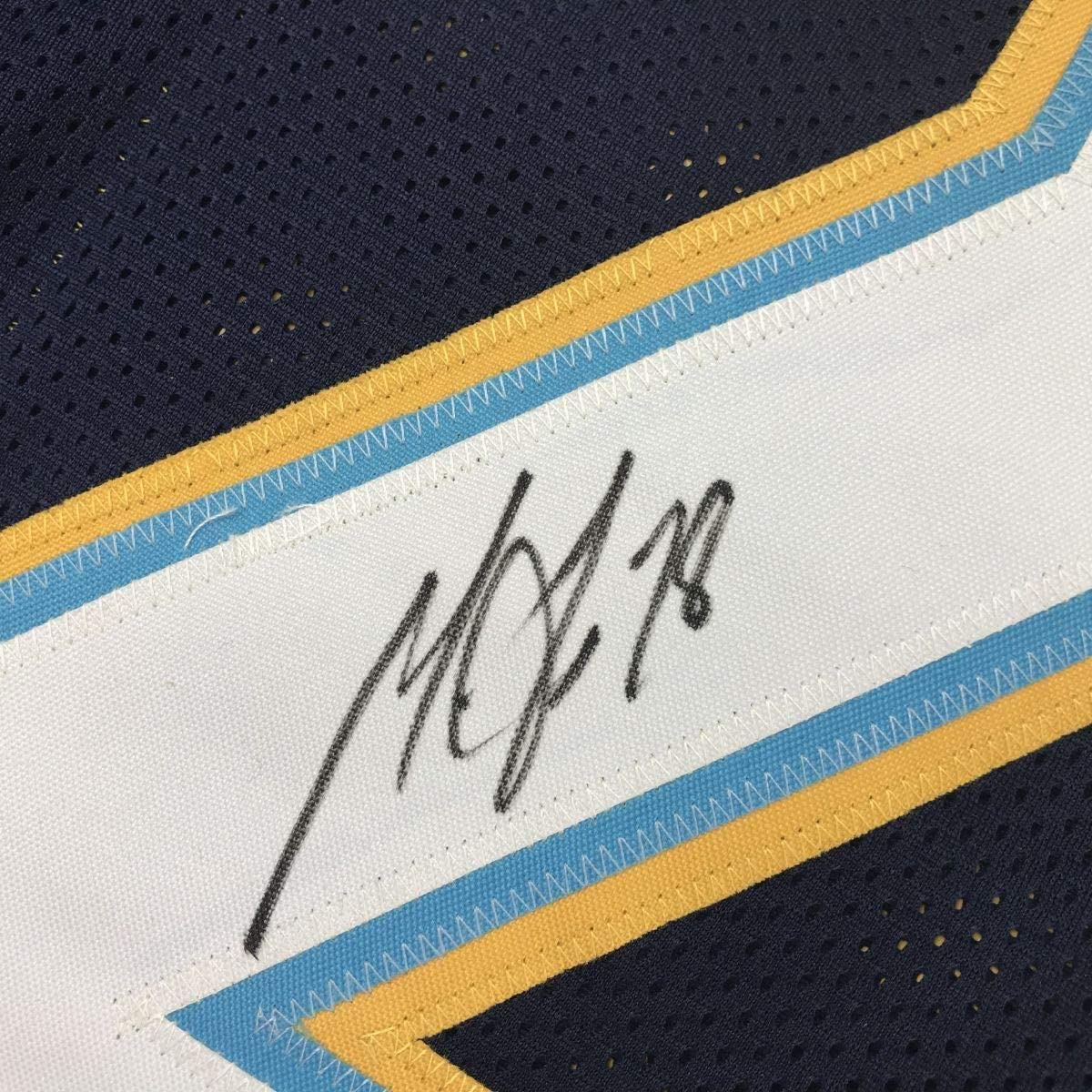 Framed Autographed/Signed Melvin Gordon 35x39 Los Angeles LA Chargers Dark Blue Football Jersey Beckett BAS COA