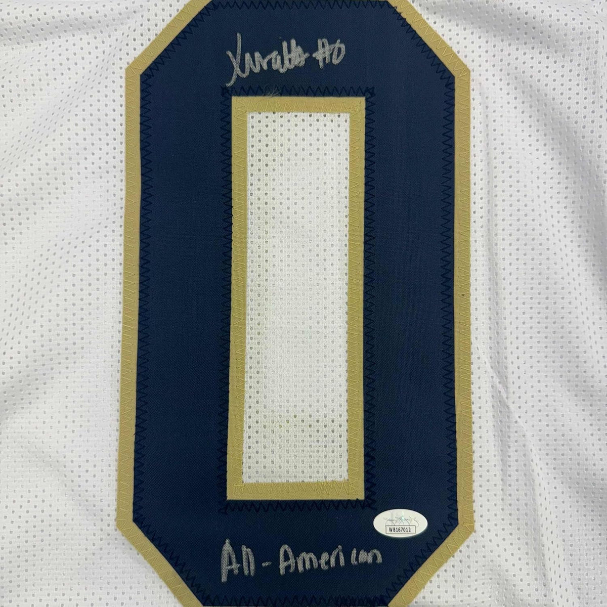 Framed Autographed/Signed Xavier Watts All-American 35x39 Notre Dame White College Football Jersey JSA COA