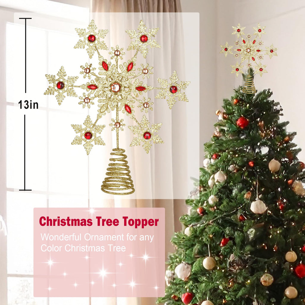 Glittering Gold Snowflake Christmas Tree Topper, 3D Sparkling Metal Snowflake for Xmas Decor, Holiday Party Indoor Decorations