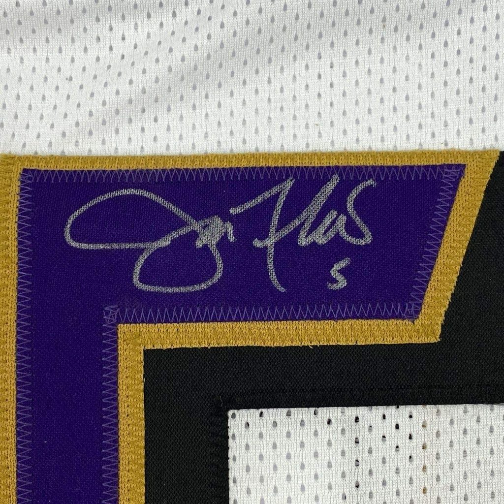 Framed Autographed/Signed Joe Flacco 35x39 Baltimore White Football Jersey JSA COA