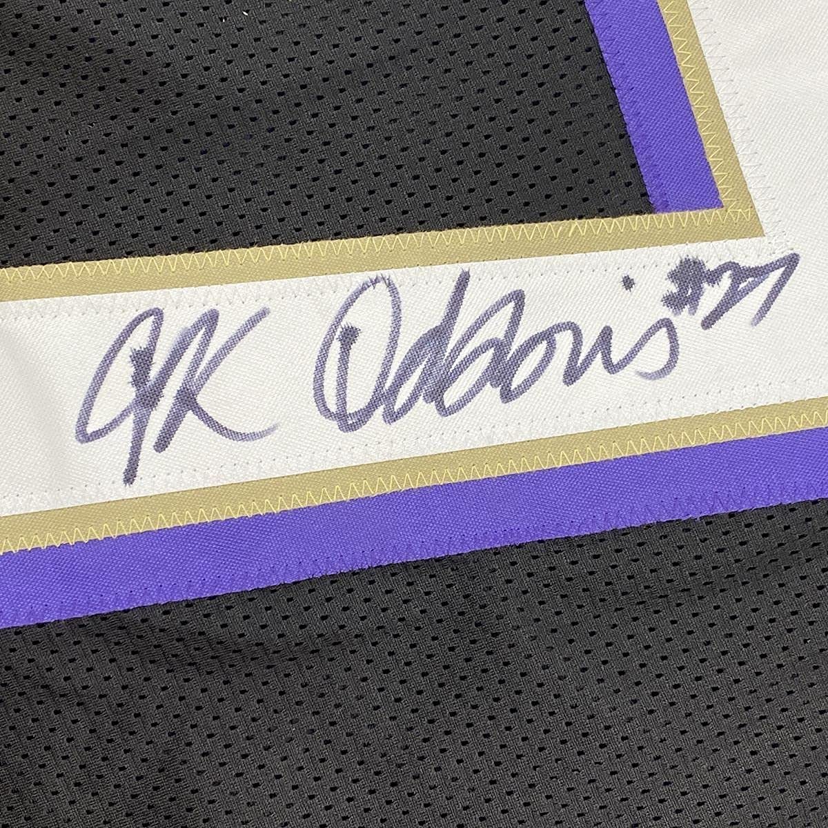 Framed Autographed/Signed JK J.K. Dobbins 35x39 Baltimore Black Football Jersey JSA COA
