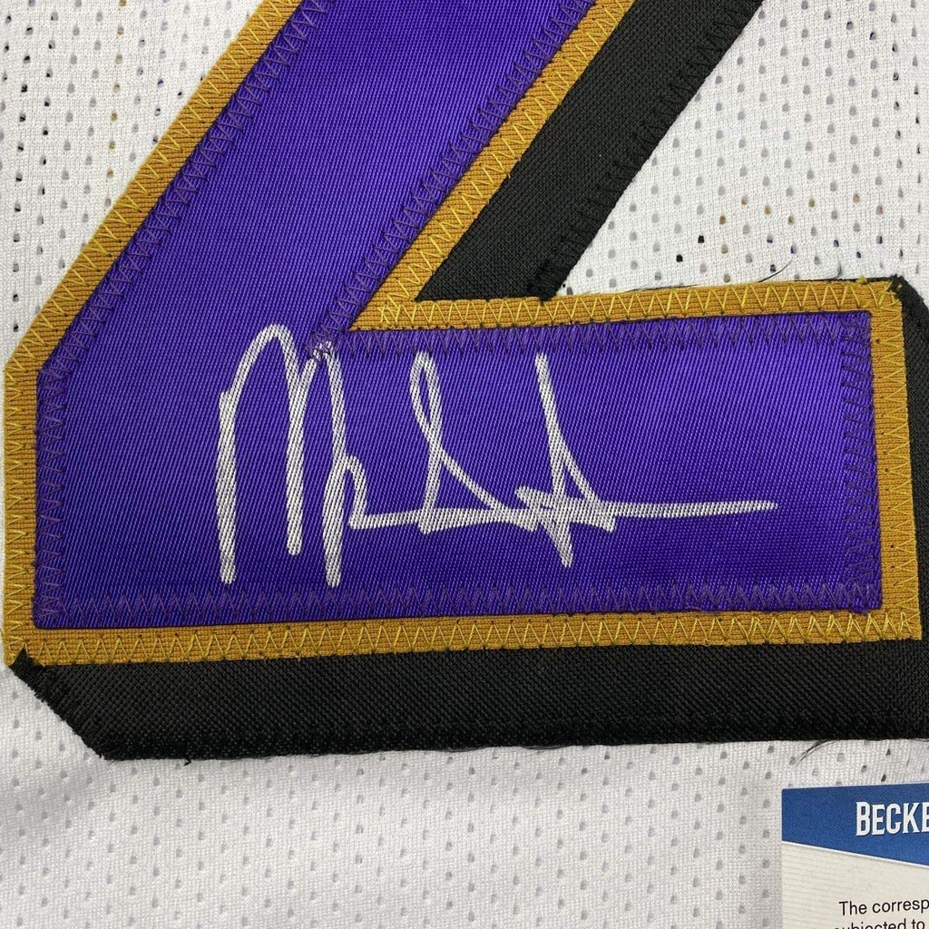 Framed Autographed/Signed Mark Ingram II 35x39 Baltimore White Football Jersey Beckett BAS COA