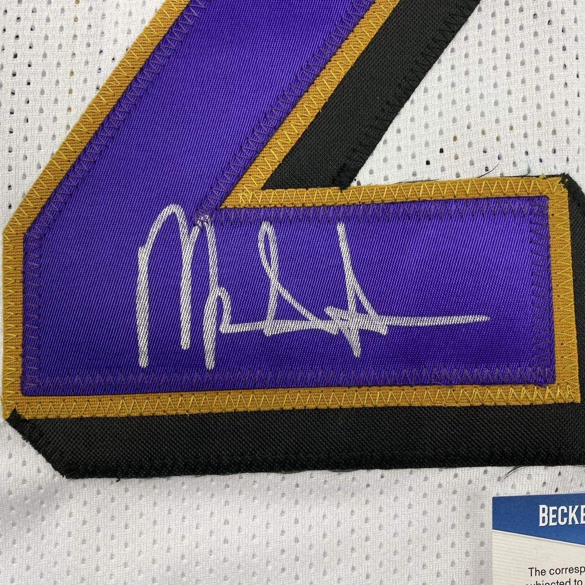 Framed Autographed/Signed Mark Ingram II 35x39 Baltimore White Football Jersey Beckett BAS COA