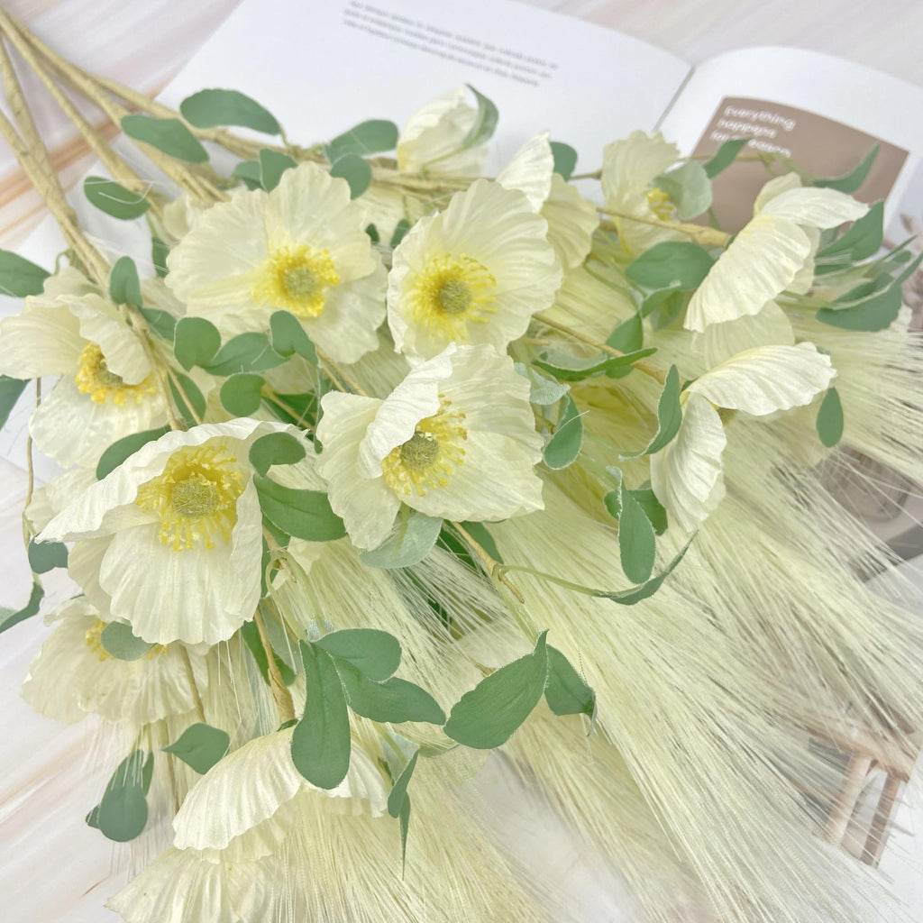 NoriStyle Silk White Artificial Poppy Flowers 6 Pcs Long Stems Indoor Decor