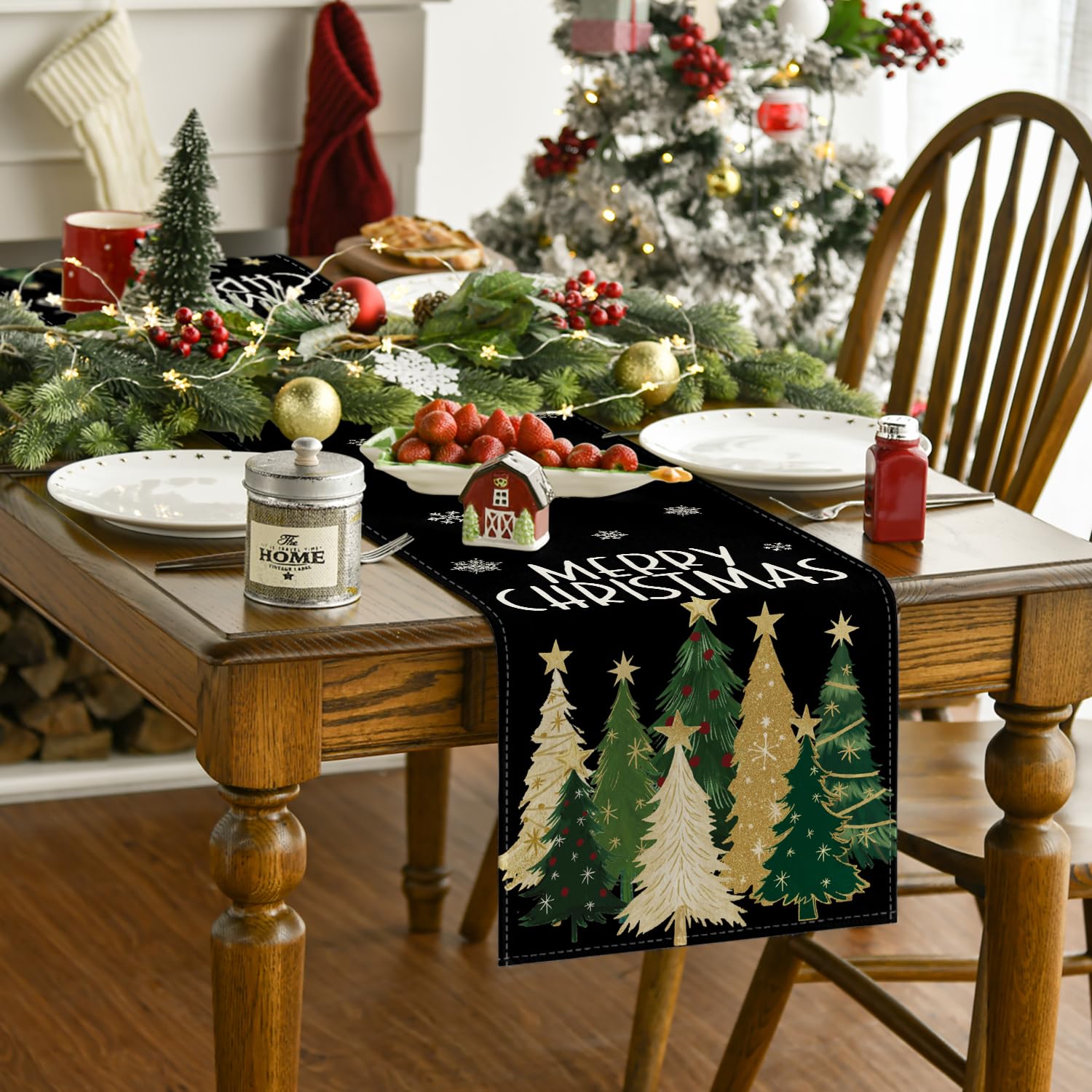 Artoid Mode Xmas Trees Snowflakes Table Runner Black 13x36 Inch