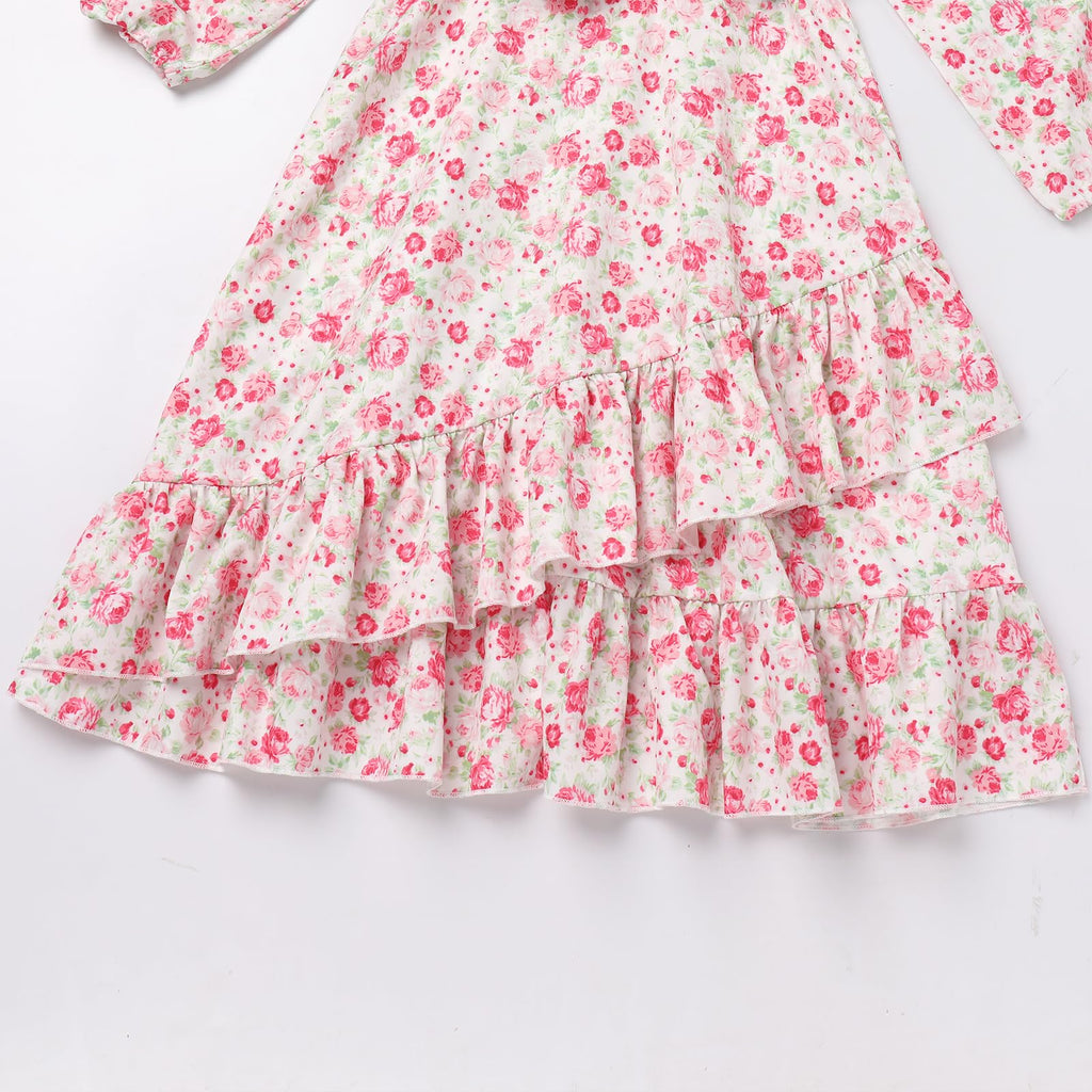 AWIBMK Mommy and Me Floral Boho A-Line V Neck Long Sleeve Dress Blue Pink Size L