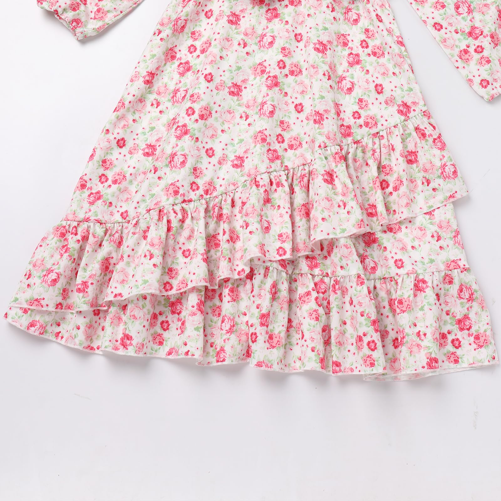 AWIBMK Mommy and Me Floral Boho A-Line V Neck Long Sleeve Dress Blue Pink Size L