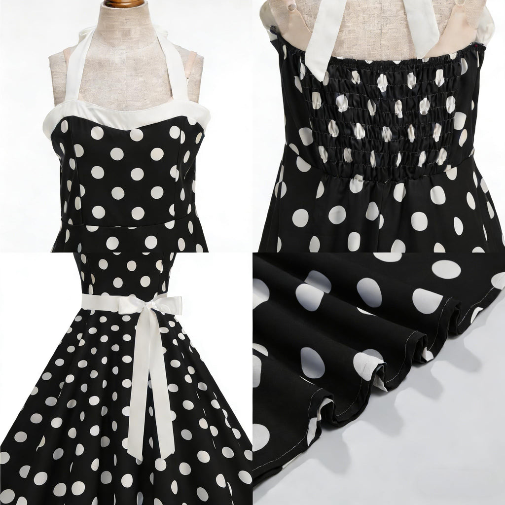 HAPNBCELE Vintage 1950s Halter Polka Dot Dress Black Size X-Large