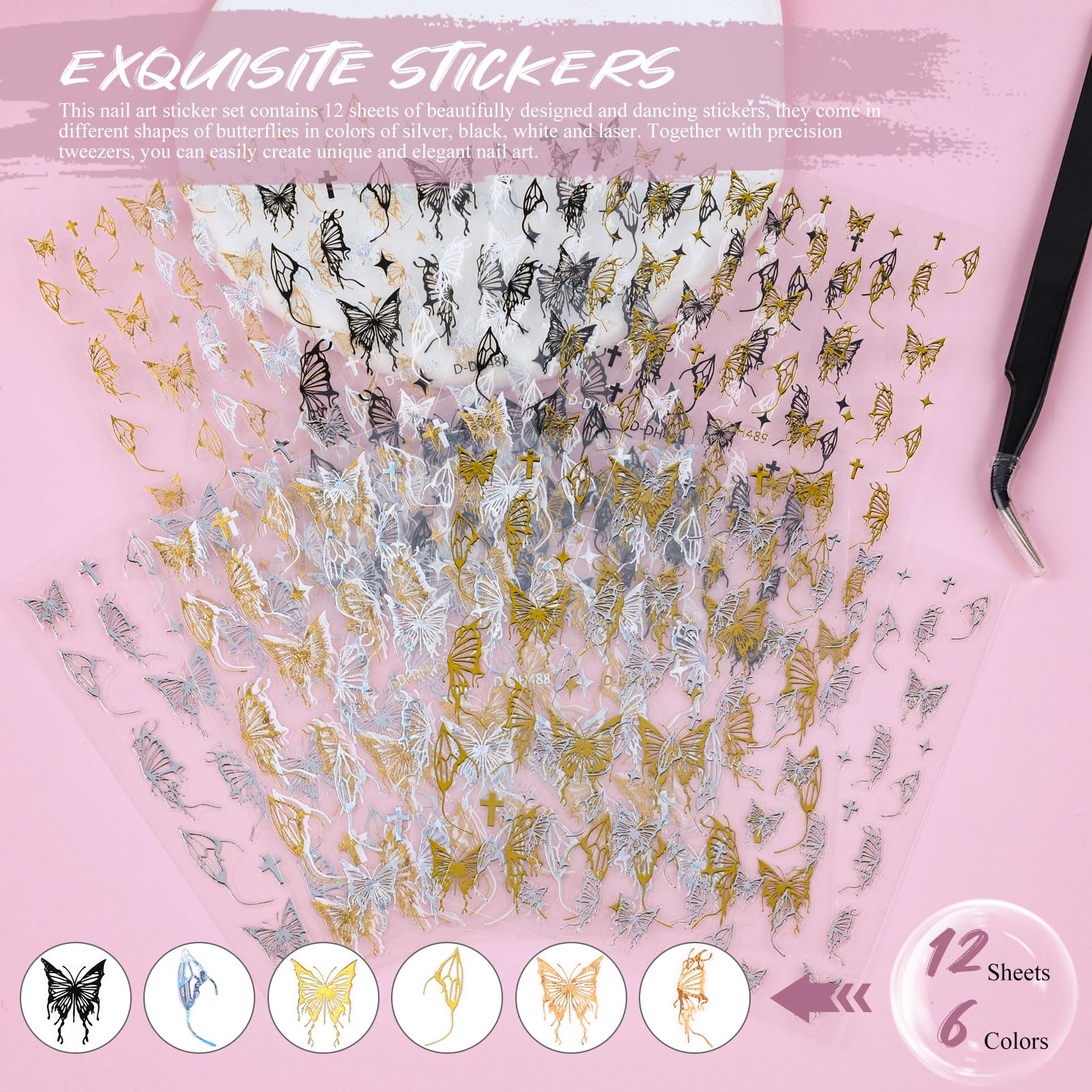 Kikonoke 12 Sheets Laser Butterfly Nail Stickers White Silver Gold 3D Decals