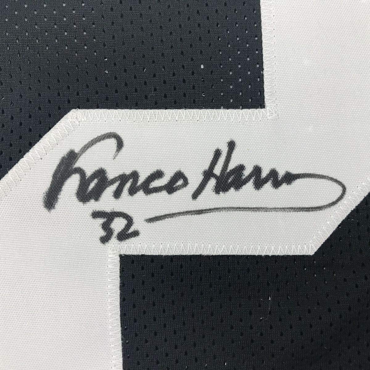 Framed Autographed/Signed Franco Harris 35x39 Pittsburgh Black Football Jersey JSA COA