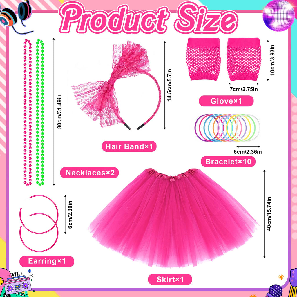 80s Outfit Costume Accessories for Women 1980s Outfits T Shirt Tutu Skirt Headband Bracelets Gloves for Theme Party Multicolor
