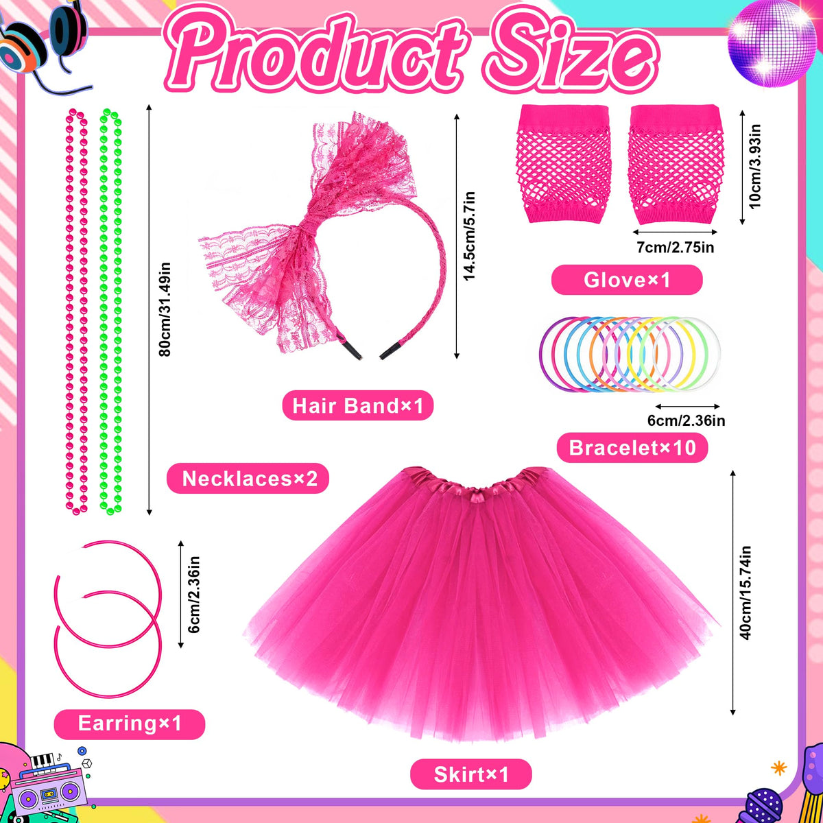 80s Outfit Costume Accessories for Women 1980s Outfits T Shirt Tutu Skirt Headband Bracelets Gloves for Theme Party Multicolor
