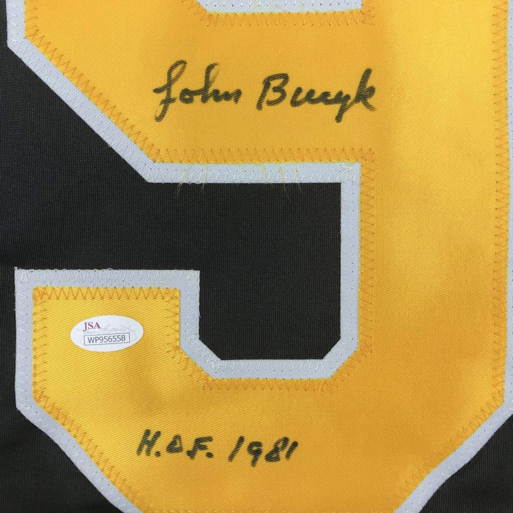 Autographed/Signed Johnny John Bucyk HOF 1981 Boston Black Hockey Jersey JSA COA