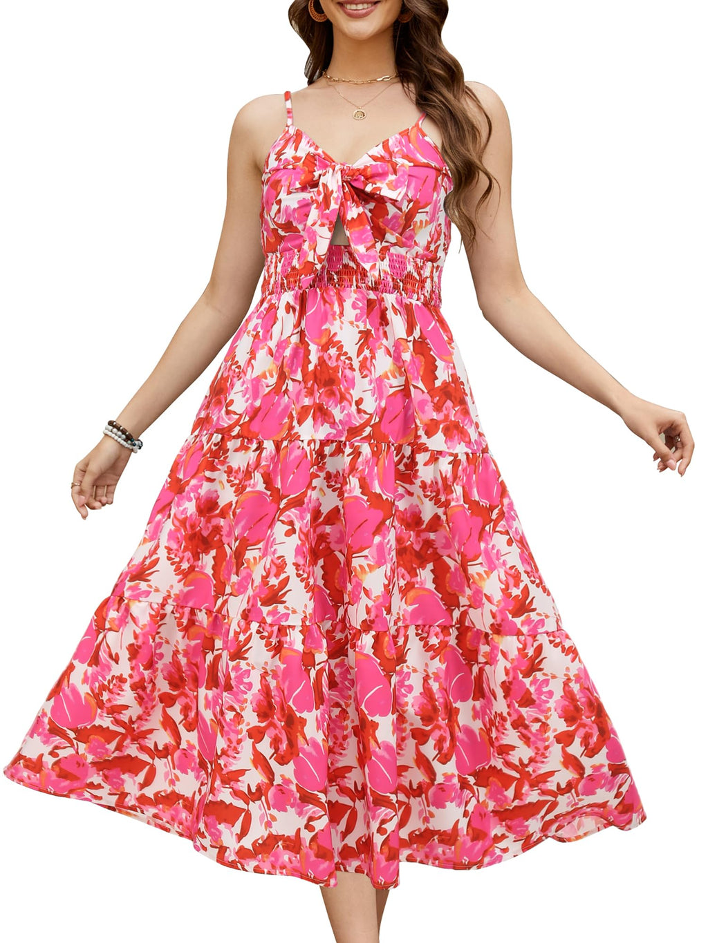 Gardenwed Women's Floral Print Maxi Dress Twisted V Neck Sleeveless Red Pink L