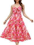 Gardenwed Women's Floral Print Maxi Dress Twisted V Neck Sleeveless Red Pink L
