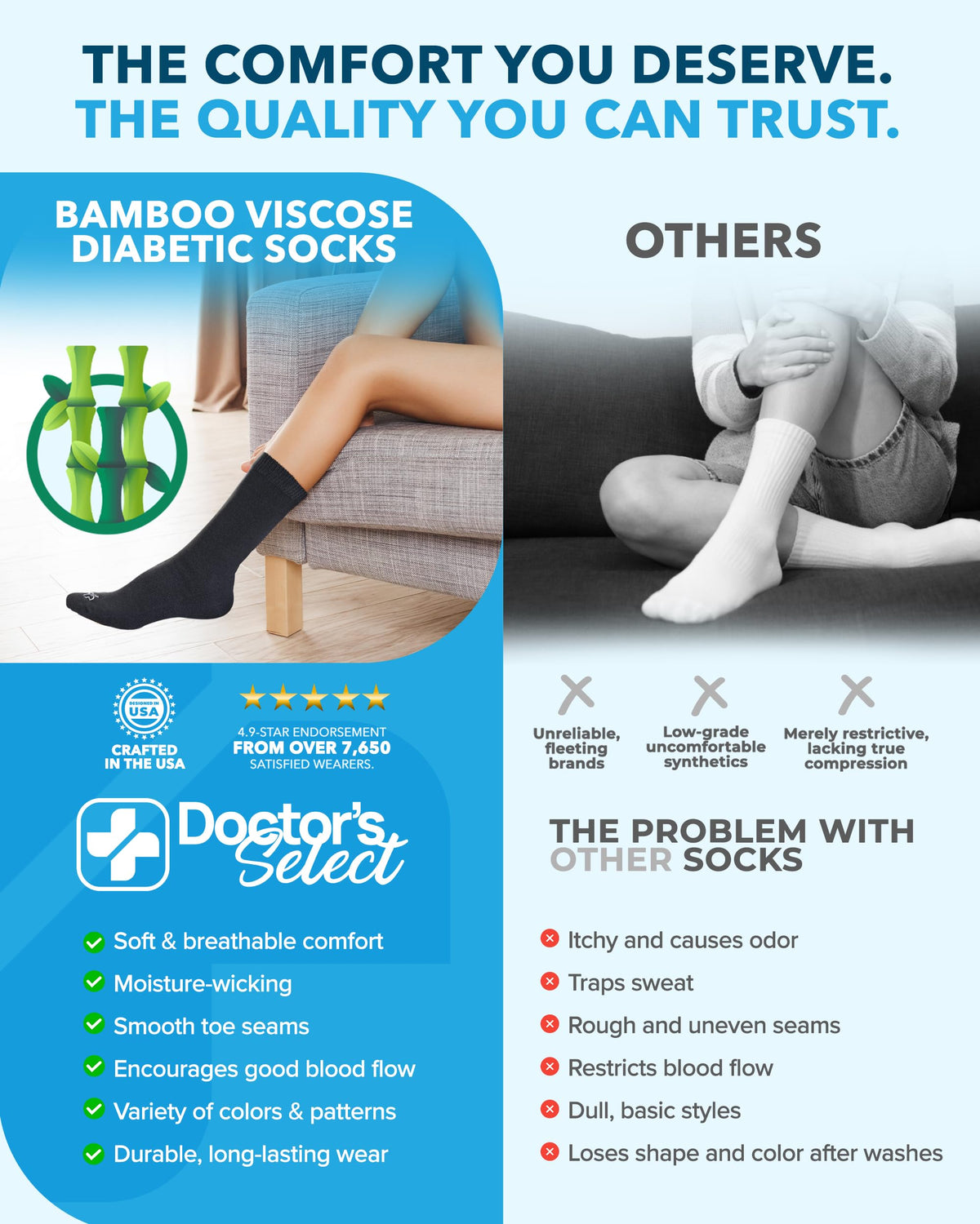 Doctor's Select Diabetic Socks for Women - 6 Pairs Knit Womens Diabetic Socks for Swollen Feet, Bamboo Viscose, Non-Binding Top LXL-6Wht
