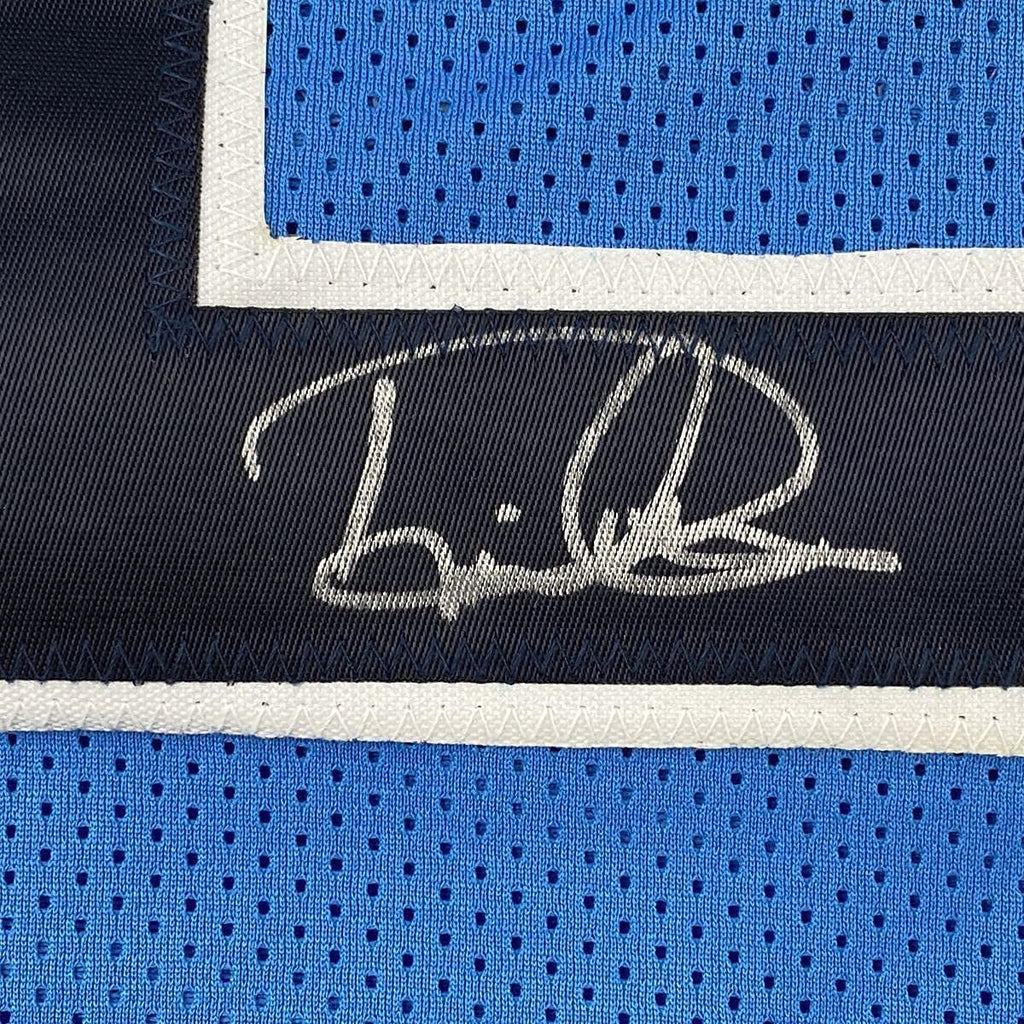 Framed Autographed/Signed Derrick Henry 35x39 Tennessee Titans Light Blue Football Jersey Beckett BAS COA