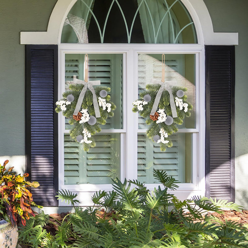 Super Holiday Christmas 2PCS Artificial Green Plant Wreaths Grey Velvet Bow