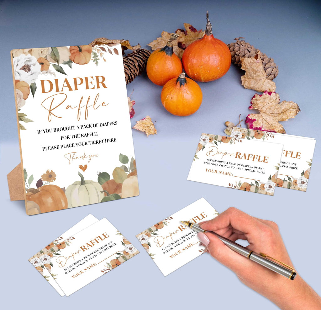 Serach Little Pumpkin Baby Shower Diaper Raffle Sign with Stand & 50 Tickets