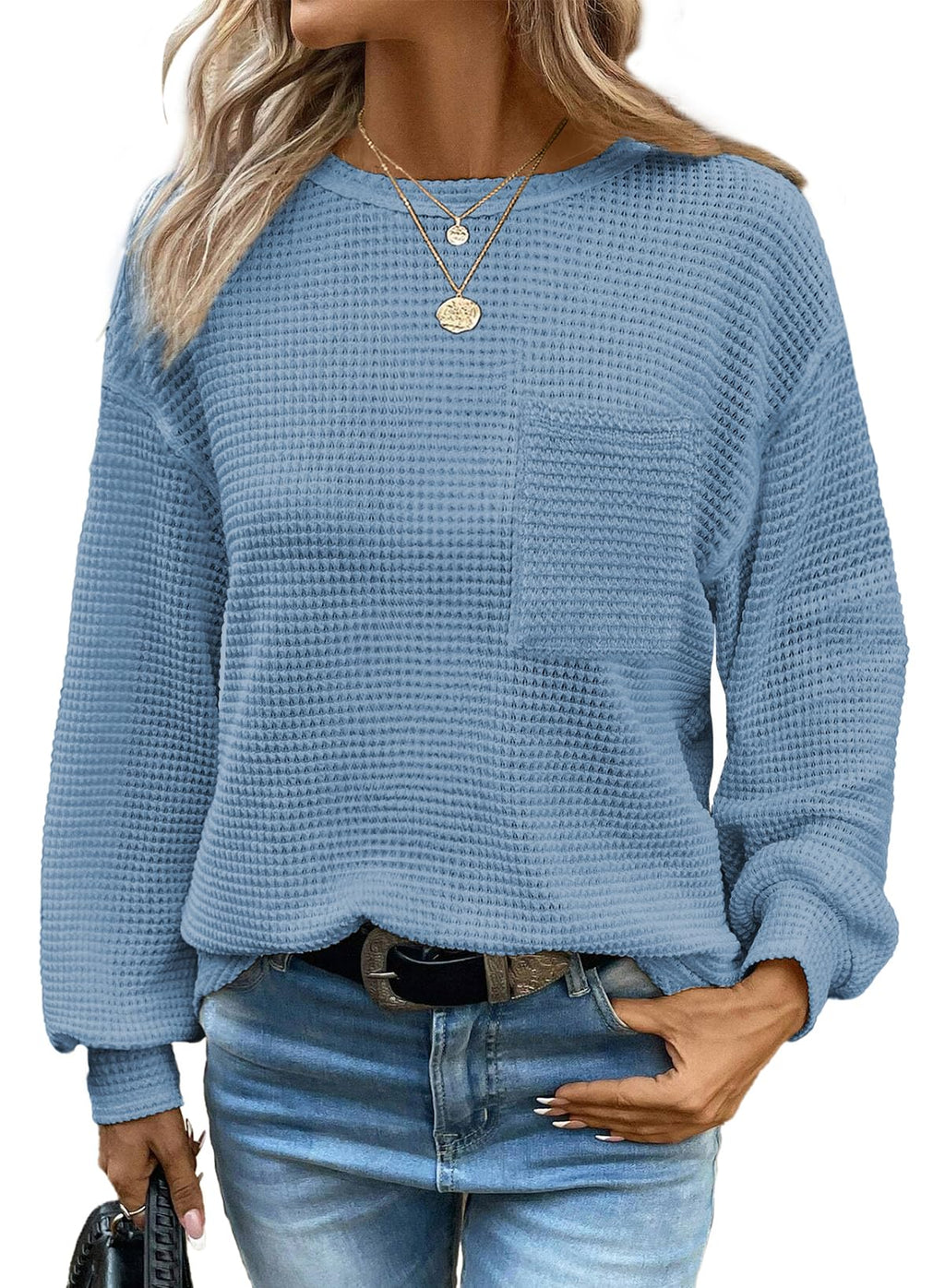 Dokotoo Women's Long Sleeve Waffle Crewneck Top Dusk Blue Size XX-Large