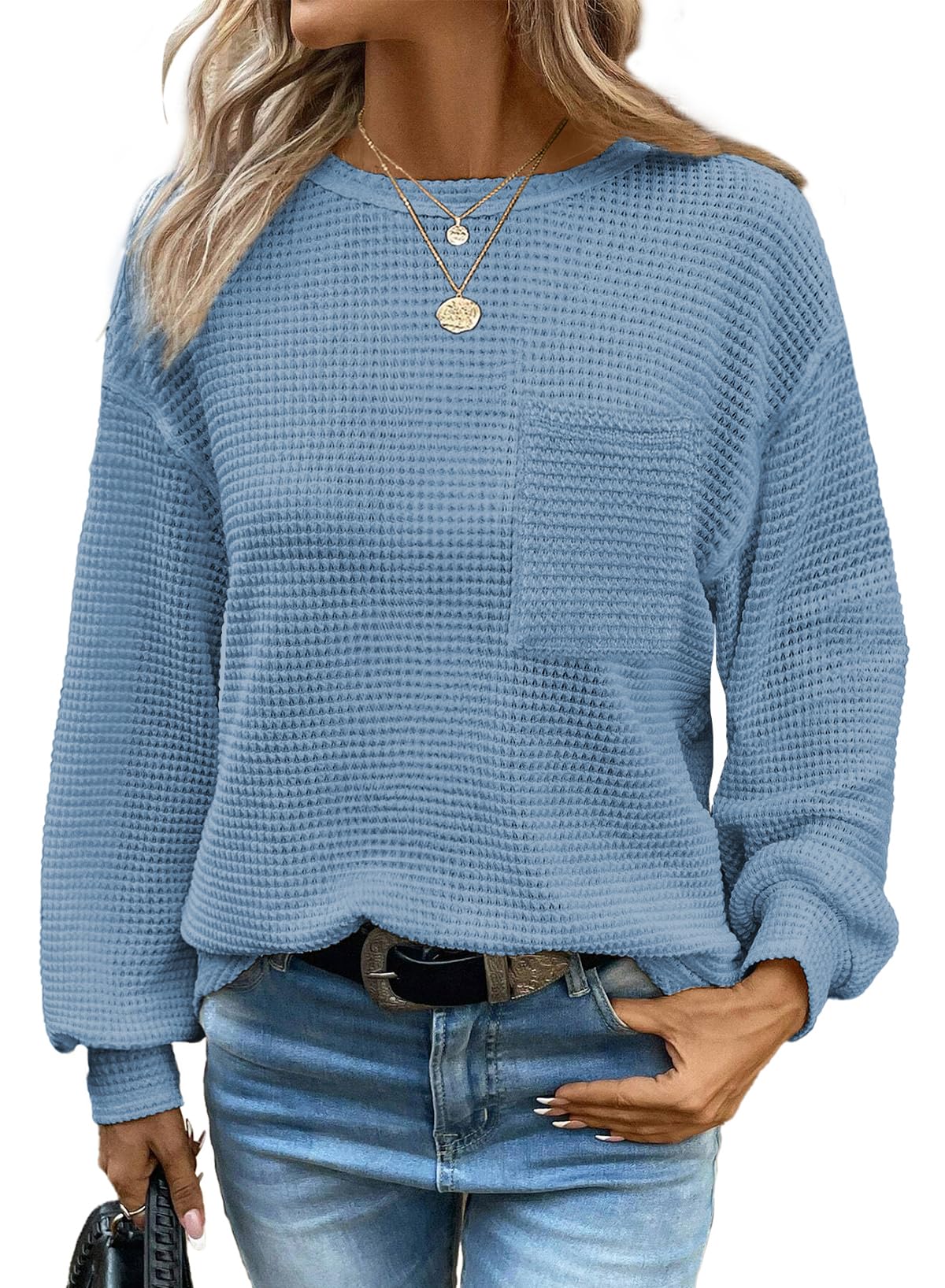 Dokotoo Women's Long Sleeve Waffle Crewneck Top Dusk Blue Size XX-Large