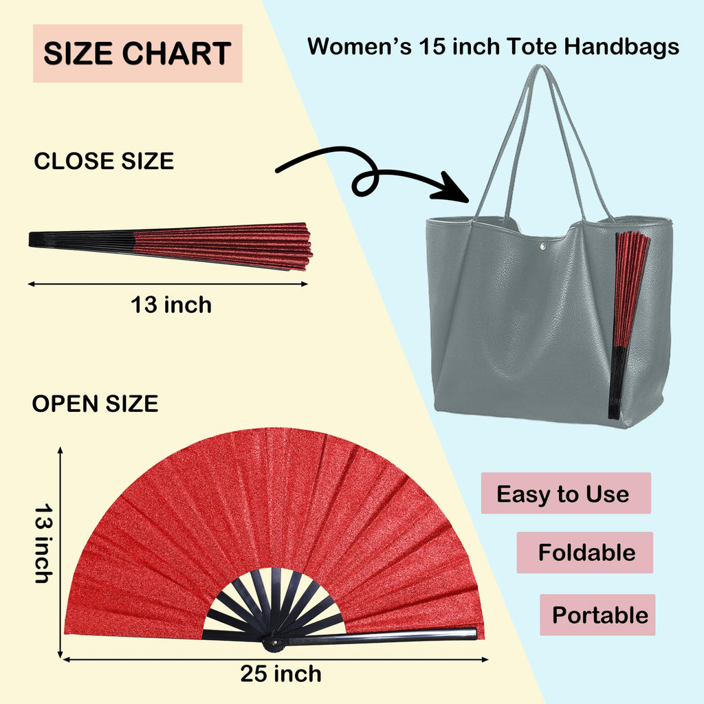 GeGeYa Large Folding Hand Fan Red Glitter for Dance Party Outdoor Decor