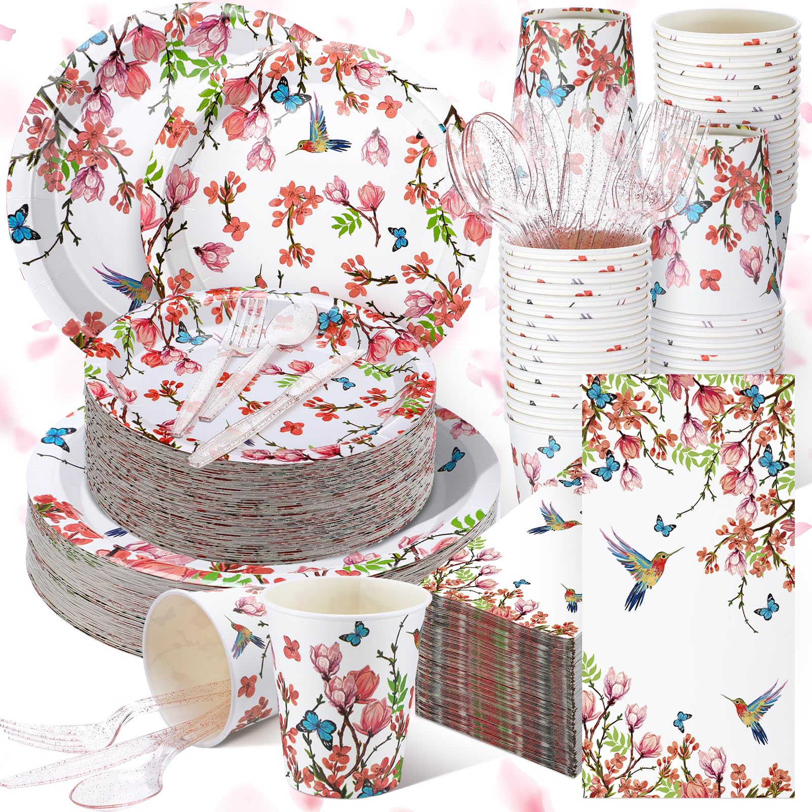 Sinmoe 400 Pcs Spring Plates Napkins Disposable Dinnerware Set Multicolor Bird