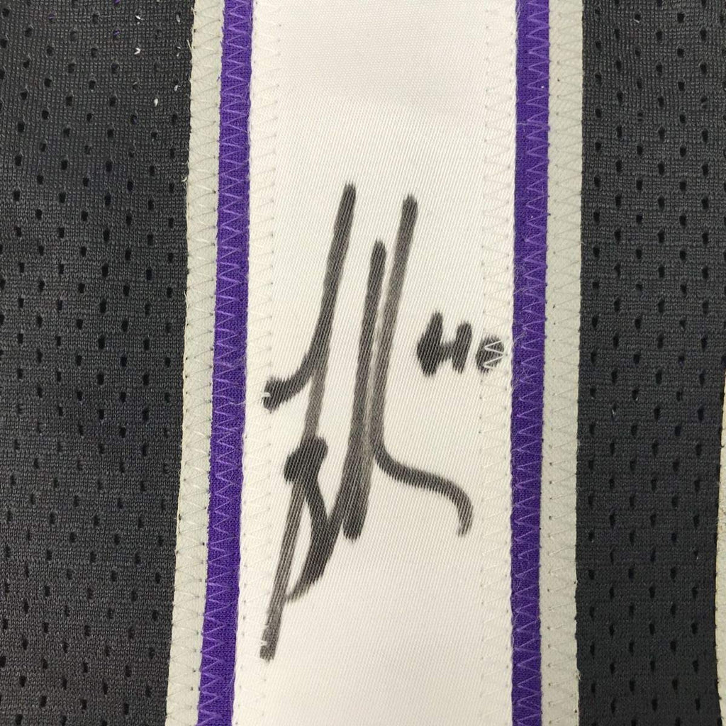 Framed Autographed/Signed Mike Bibby 35x39 Sacramento Black Basketball Jersey PSA/DNA COA