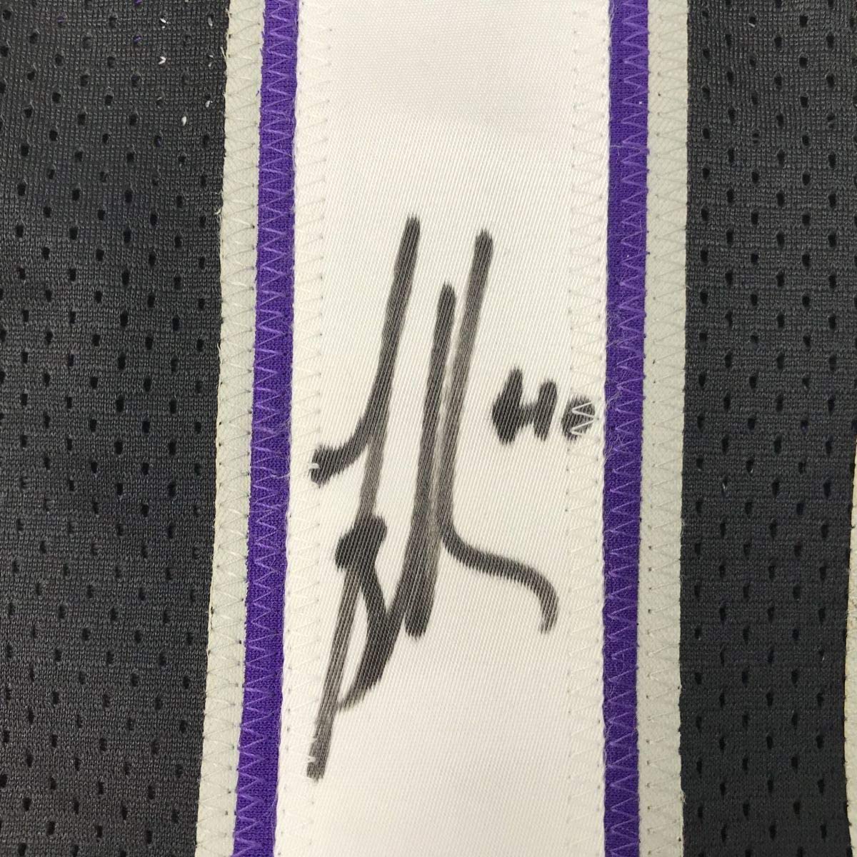 Framed Autographed/Signed Mike Bibby 35x39 Sacramento Black Basketball Jersey PSA/DNA COA