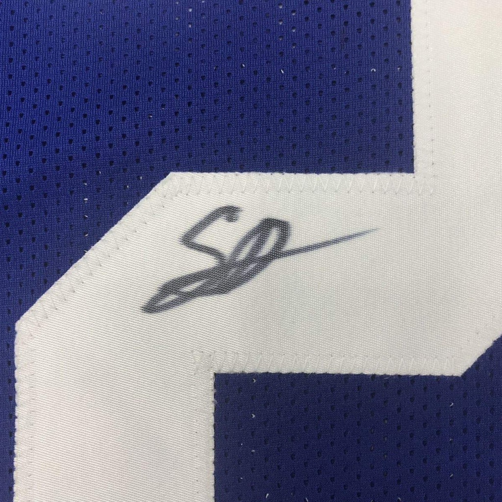 Framed Autographed/Signed Saquon Barkley 35x39 New York Blue Football Jersey JSA COA