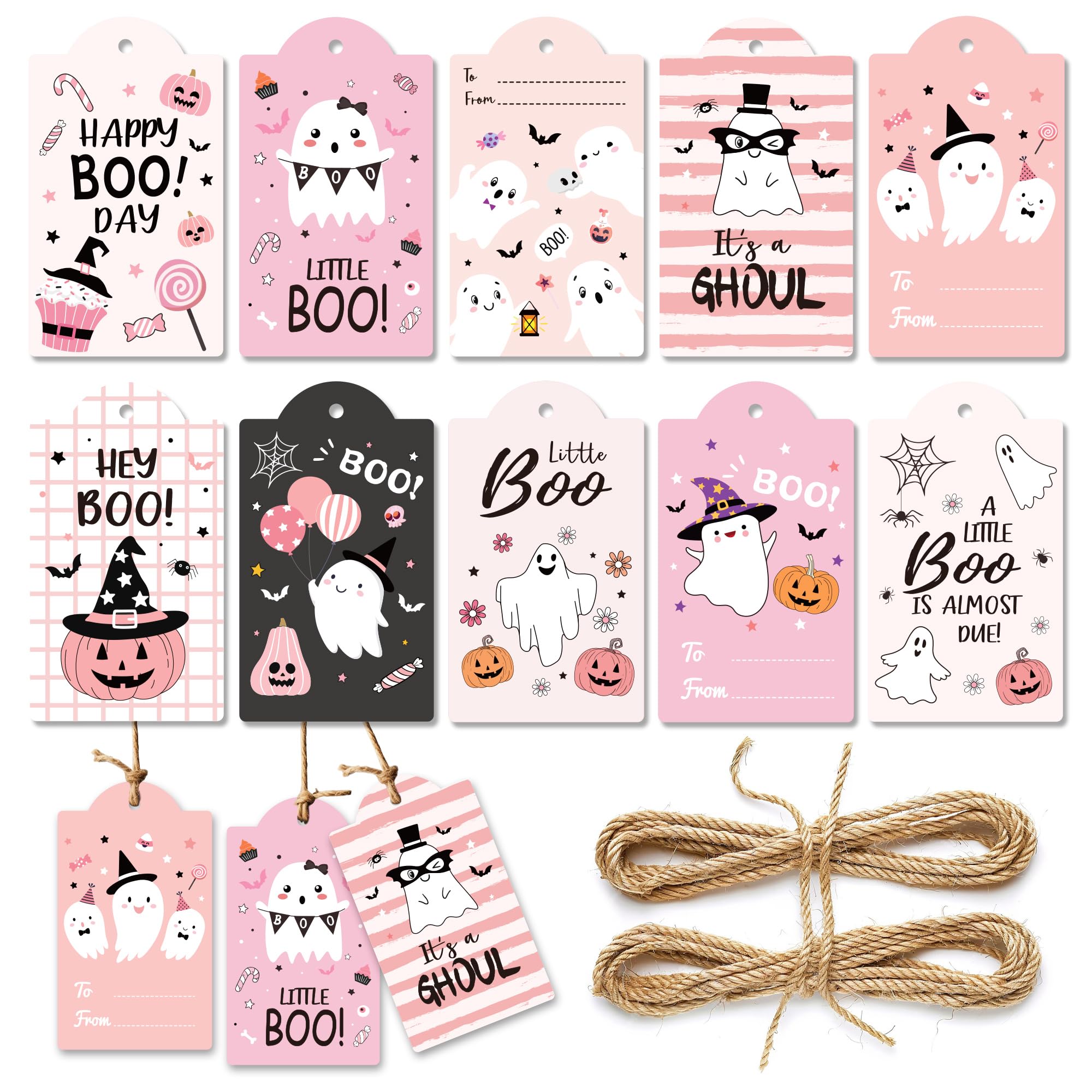 MOZUI Halloween Thank You Tags 60pcs Pink Black Ghost Pumpkin Kraft Paper
