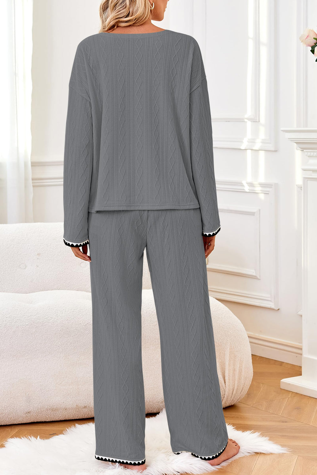 GUOLEZEEV Two Piece Lounge Set Soft Pajama Long Sleeve Pant Gray Size L