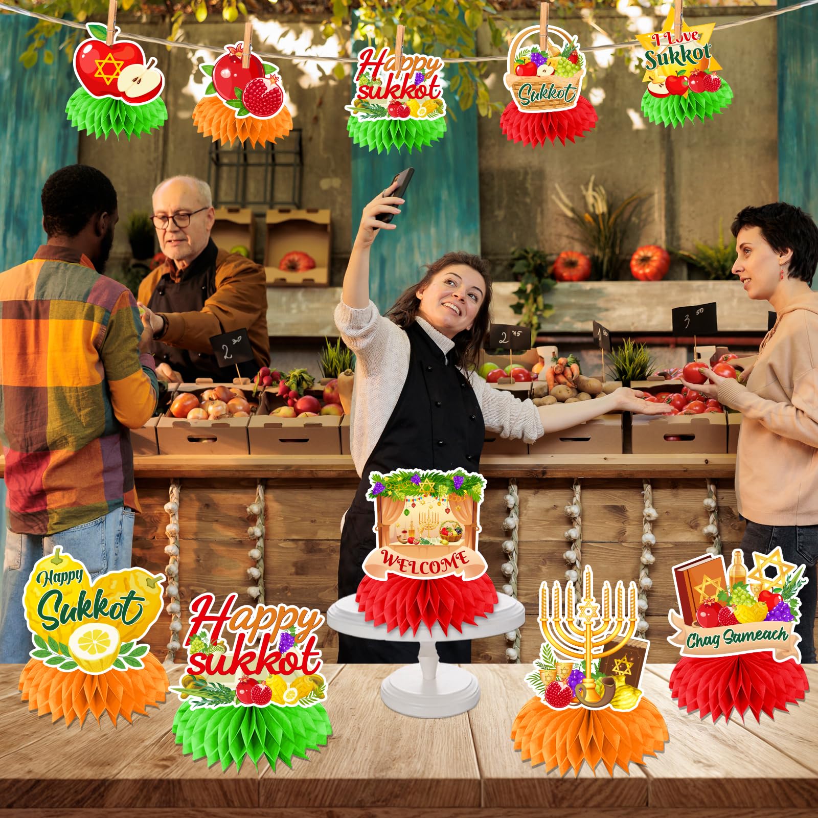 Gexlaju Sukkot Decorations Honeycomb Centerpieces 12pcs Red Yellow Paper