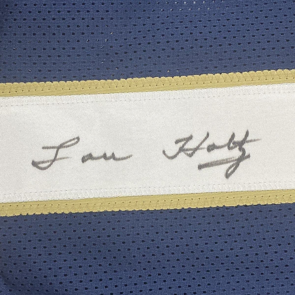 Framed Autographed/Signed Lou Holtz 35x39 Notre Dame Blue College Football Jersey JSA COA