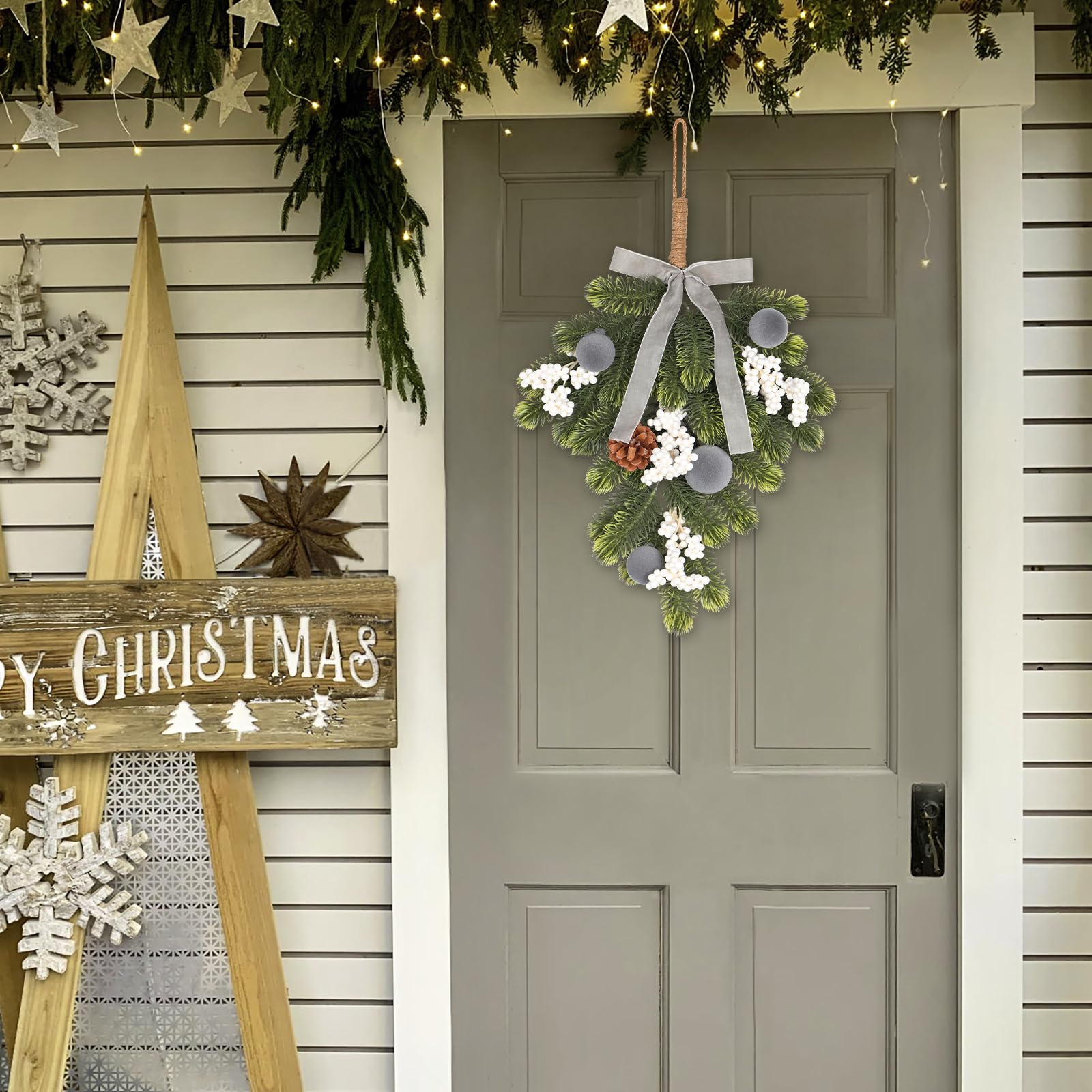 Super Holiday Christmas 2PCS Artificial Green Plant Wreaths Grey Velvet Bow