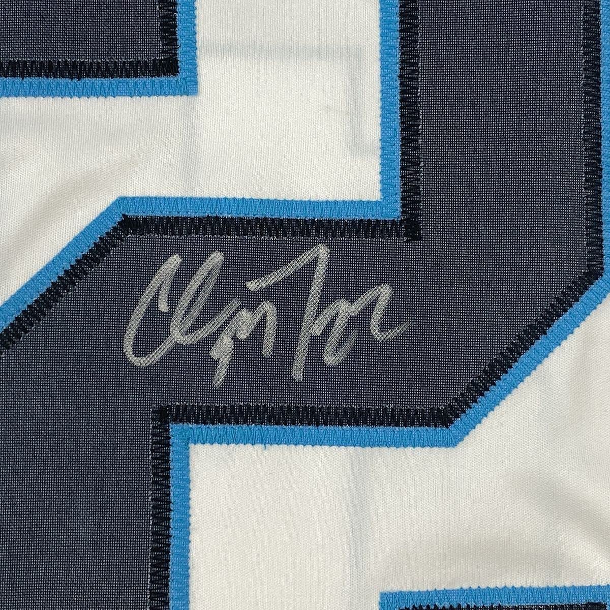 Framed Autographed/Signed Christian McCaffrey 35x39 Carolina White Football Jersey Beckett BAS COA