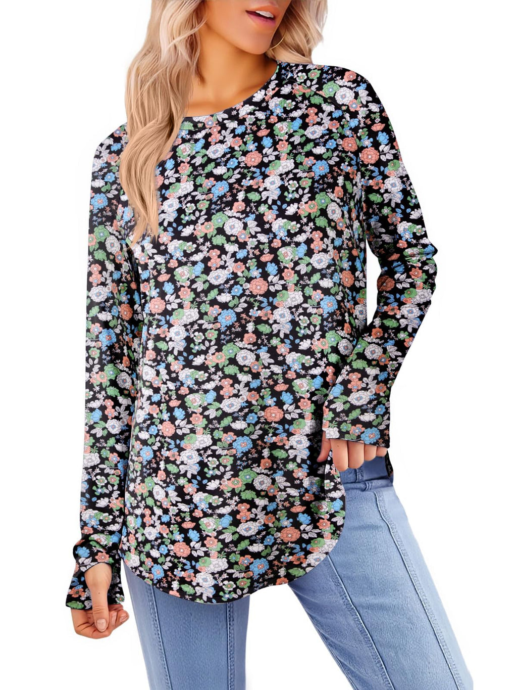 Yousify Womens Long Sleeve Shirts Casual Crew Neck Tunic Top Loose Fit Curved Hem Printed Fall Shirts with Thumb Holes