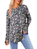 Yousify Womens Long Sleeve Shirts Casual Crew Neck Tunic Top Loose Fit Curved Hem Printed Fall Shirts with Thumb Holes