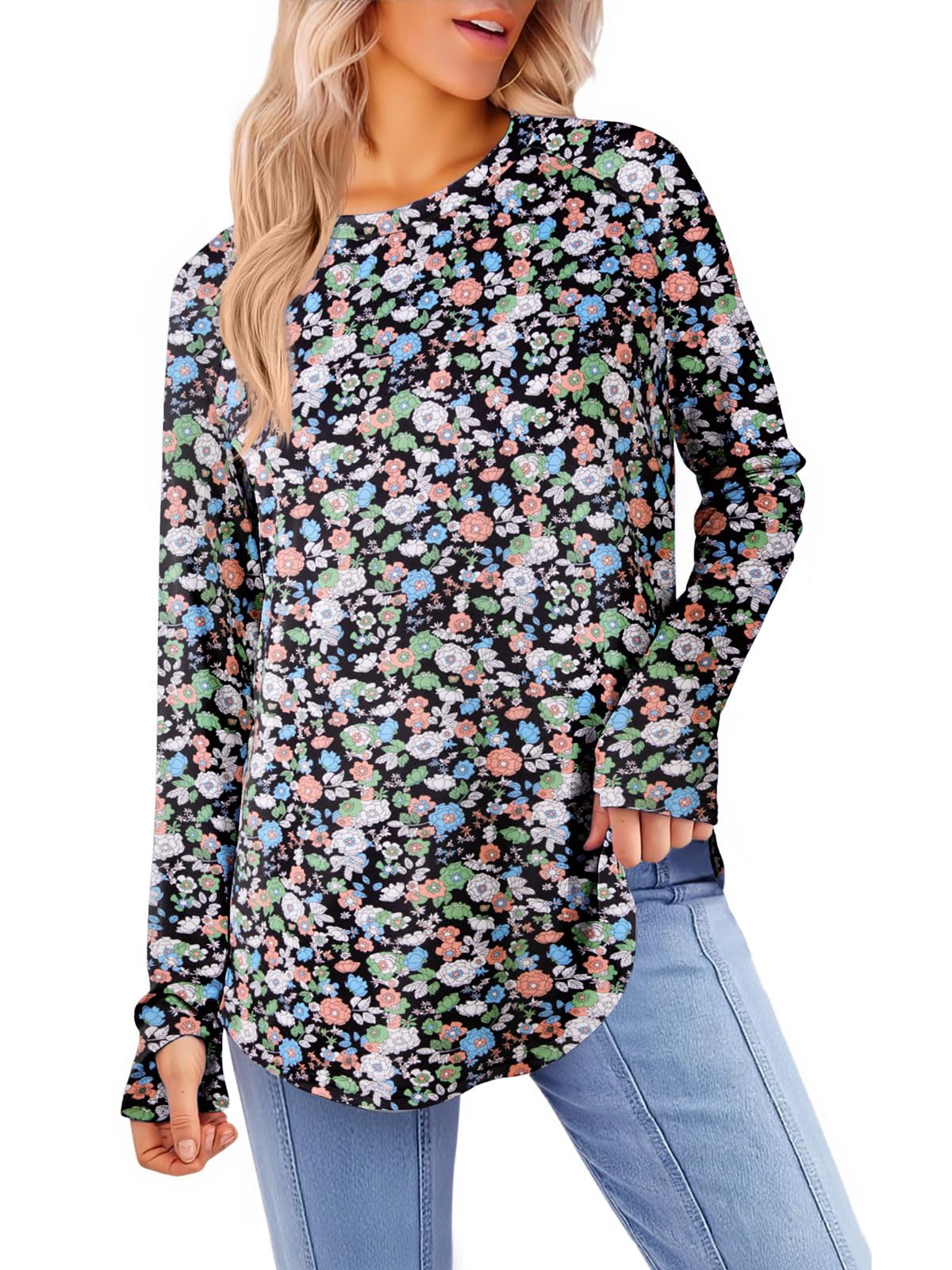 Yousify Womens Long Sleeve Shirts Casual Crew Neck Tunic Top Loose Fit Curved Hem Printed Fall Shirts with Thumb Holes