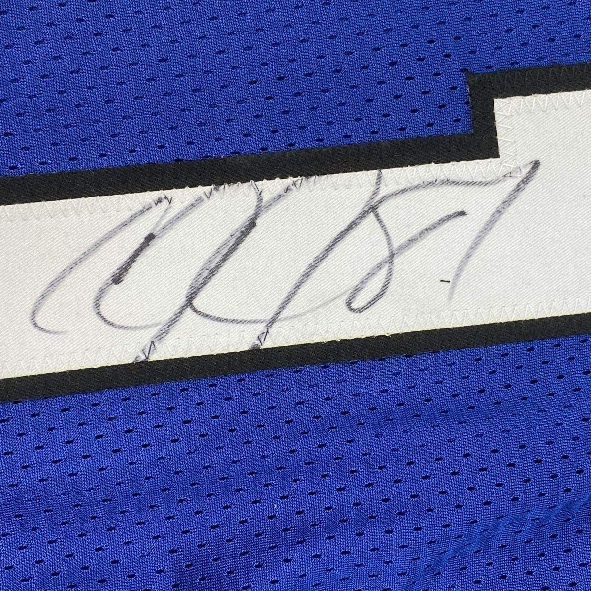 Framed Autographed/Signed Calvin Johnson 35x39 Detroit Royal Blue Football Jersey JSA COA